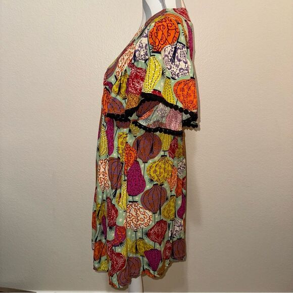 Uncle Frank Chinese Lantern Print Multicolor Short Sleeve Rayon Mini Swing Dress - Picture 3 of 15